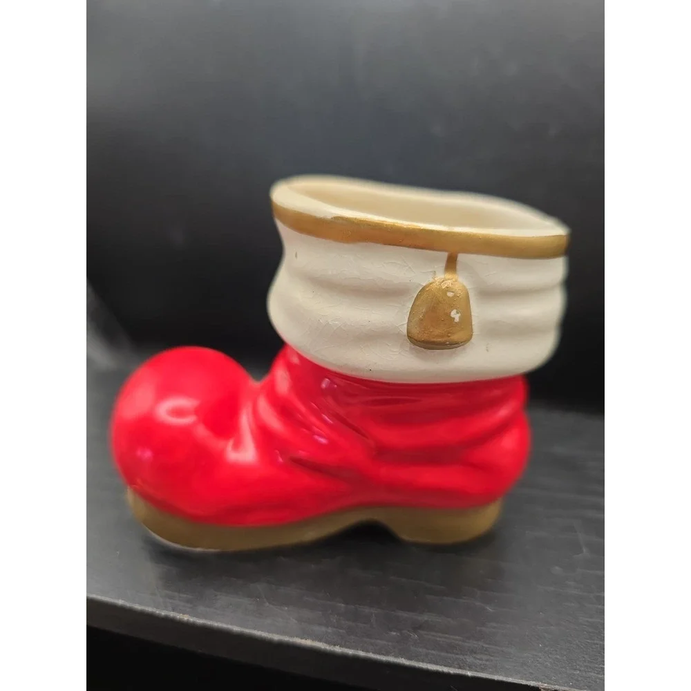 Vintage Ceramic Santa Claus Boot Planter Red White Gold Trim Retro MCM Japan #1